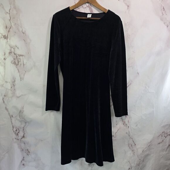 Vintage Velvet Dress Womens Large Black Midi Maxi 90s Long Sleeve Lands End - Picture 1 of 12
